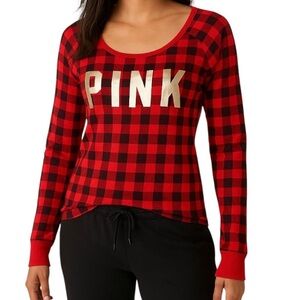 Victoria’s Secret PINK Thermal Red Buffalo Plaid Gold Foil Logo Top, Medium